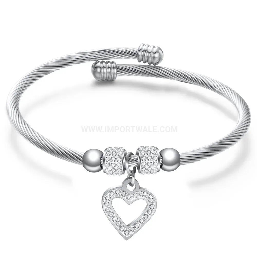 Trendy Adjustable Stainless Steel Cable Wire Cuff Bangle with Crystal Beads