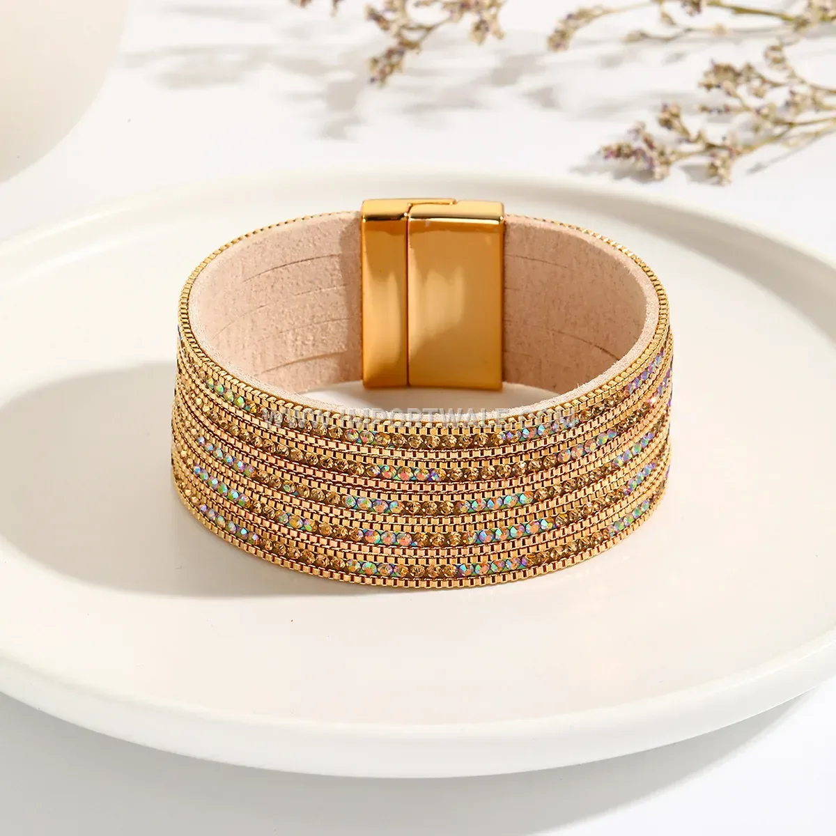 Wide Rhinestone Leather Cuff Bracelet with Magnetic Clasp