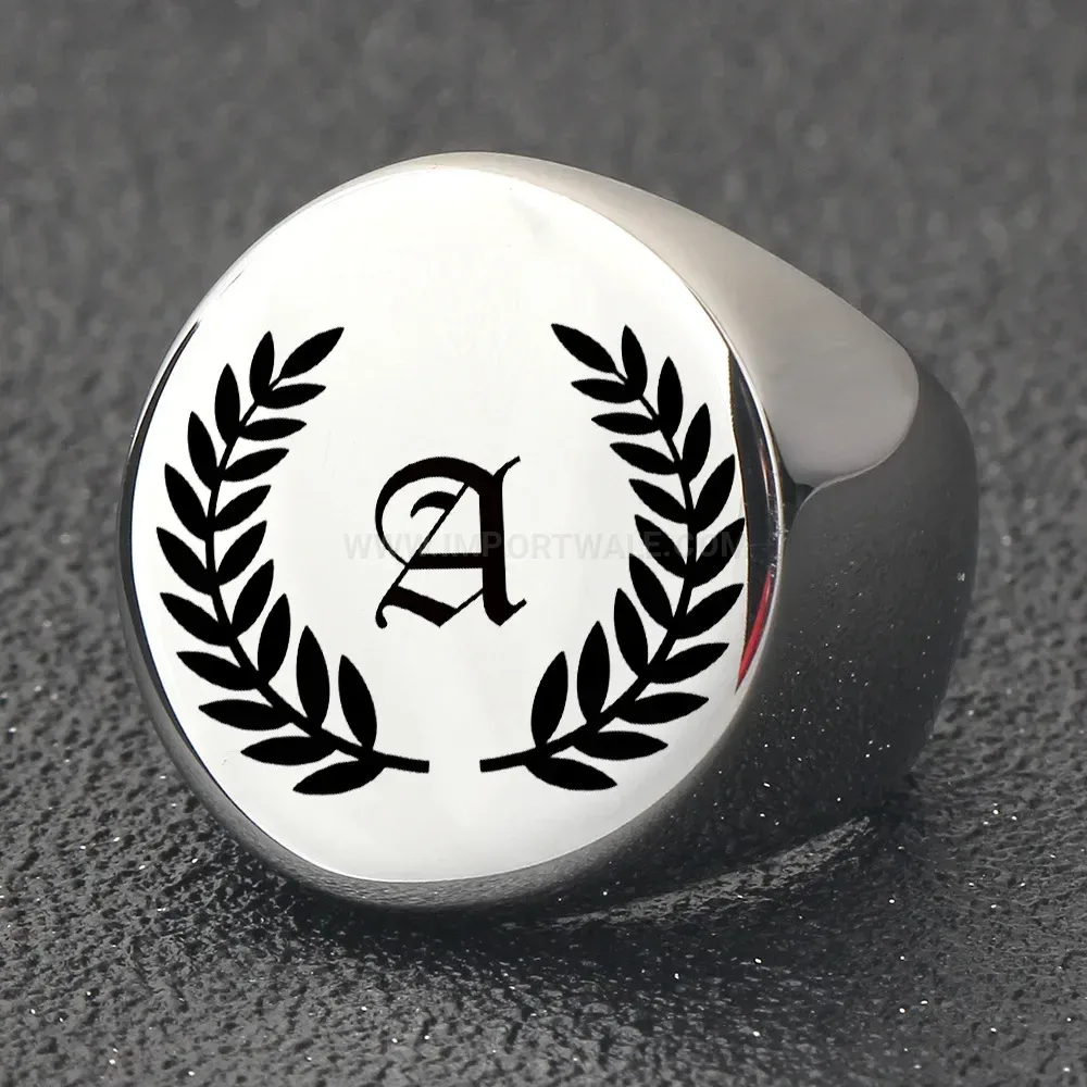 Stylish Engraved Alphabet Leaf Stainless Steel Signet Ring
