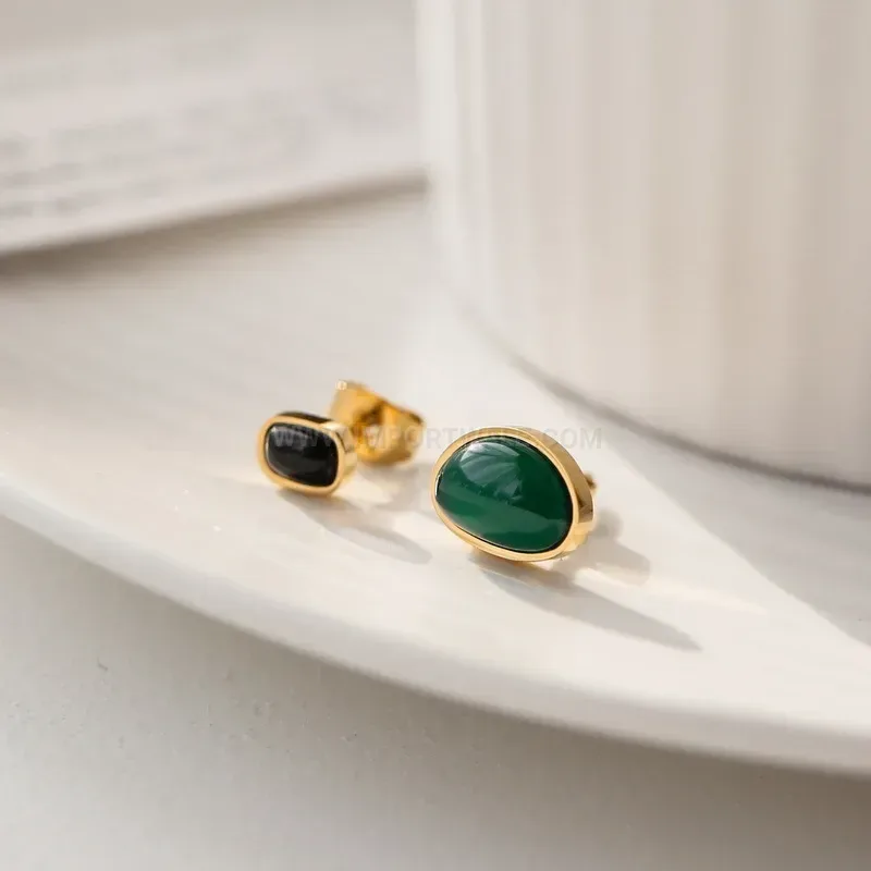Designer Titanium Steel Green Black Agate Pendant Jewelry Set