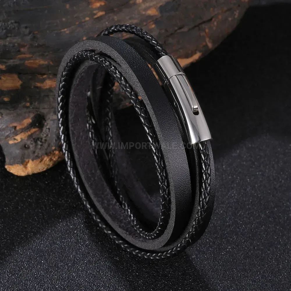 Braided Leather Multi-Layer Bracelet with Stainless Steel Snap Buckle