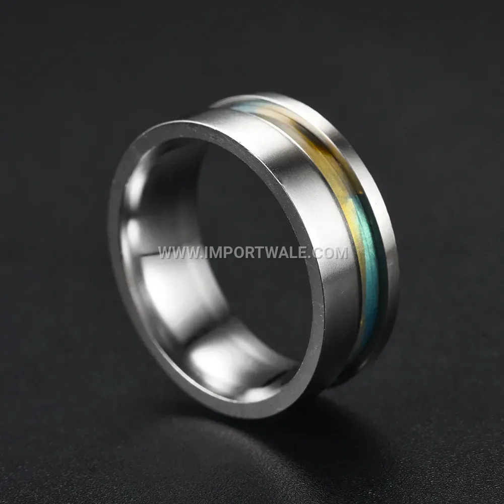 Stainless Steel Grooved Inlay Ring with Iridescent Shell Motif