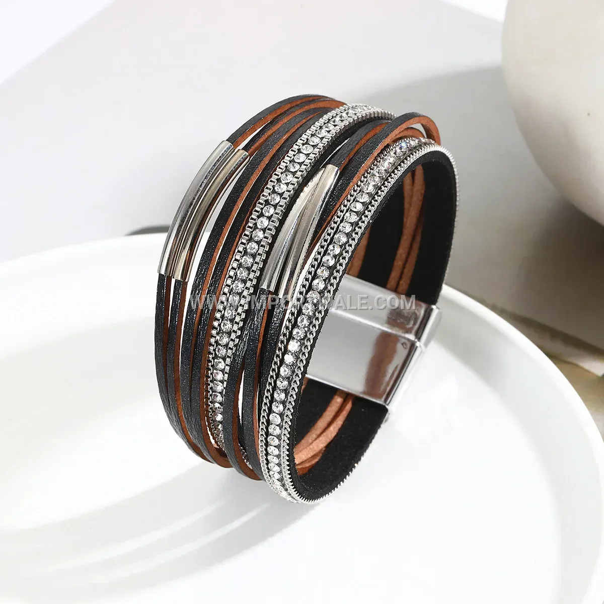 Multi Layer Leather Chain Tube Wrap Bracelet with Rhinestones