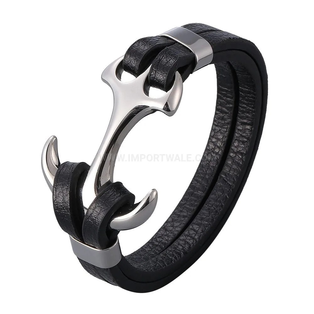 Multi-Strand Leather Wristband With Stainless Steel Anchor Motif Clasp
