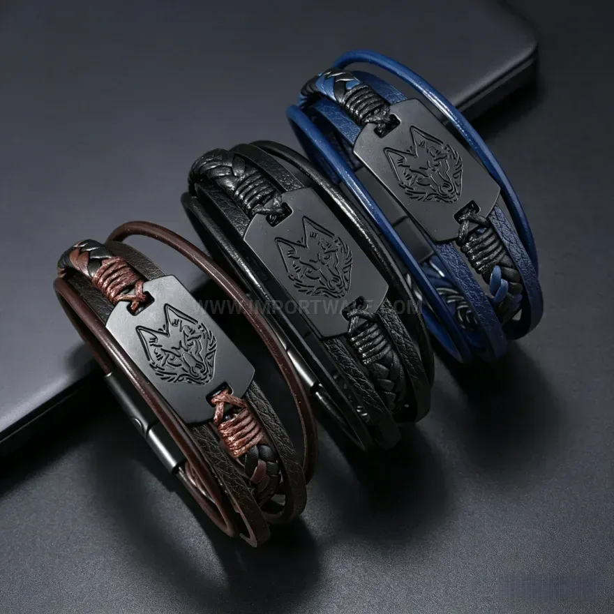 Chic Embossed Wolf Pattern Leather Cuff with Alloy Magnetic Lock