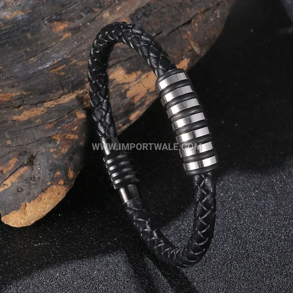 Woven Leather Wrap Bracelet With Stainless Steel Magnetic Clasp
