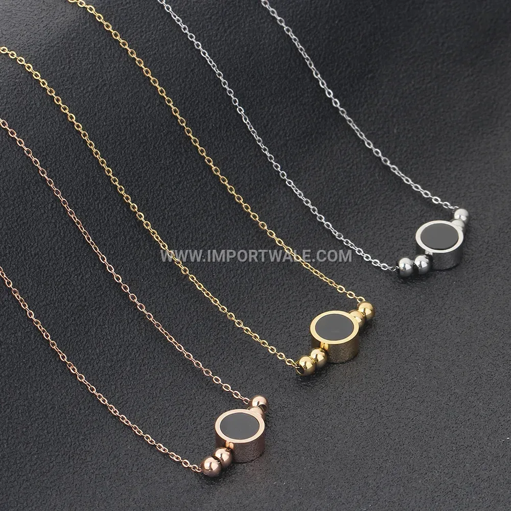 Enameled Black Circular Bead Stainless Steel Chain Necklace