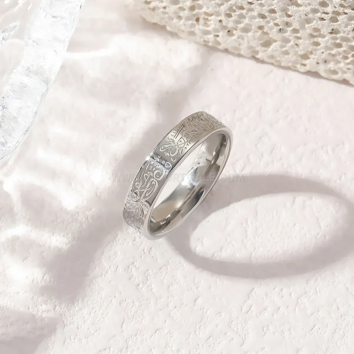 Designer Stainless Steel Islamic Quran Scripture Inscribed Band Ring