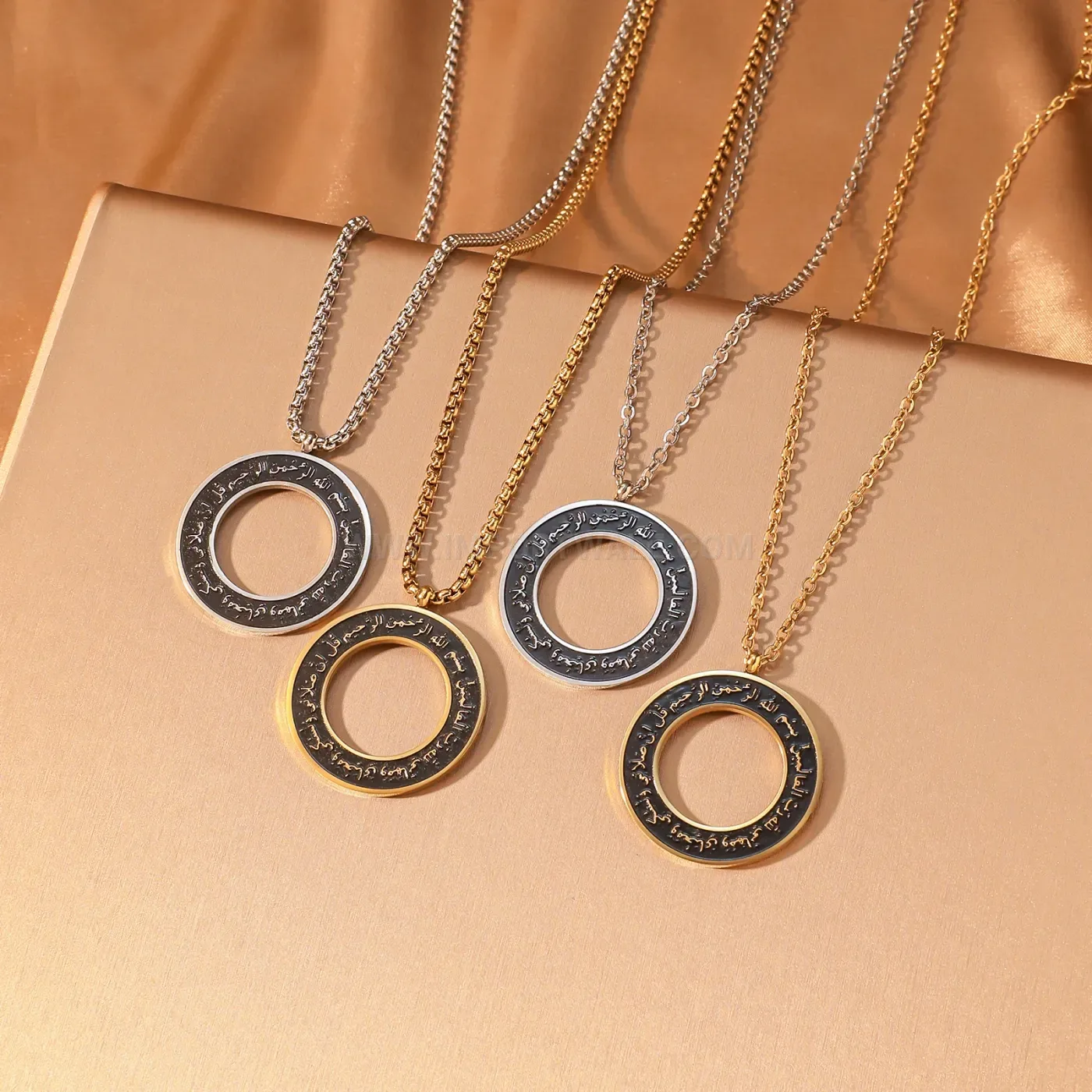 Gold Plated Stainless Steel Arabic Calligraphy Round Amulet Pendant Necklace