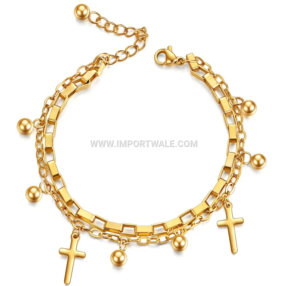 Double Layer Stainless Steel Bead and Cross Charm Chain Bracelet