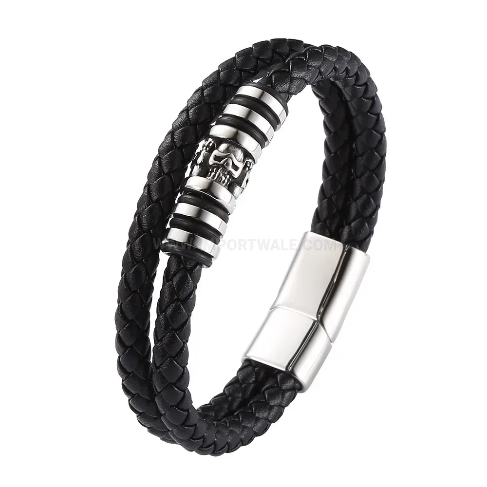 Multi-Strand Braided Leather Magnetic Steel Skull Bracelet
