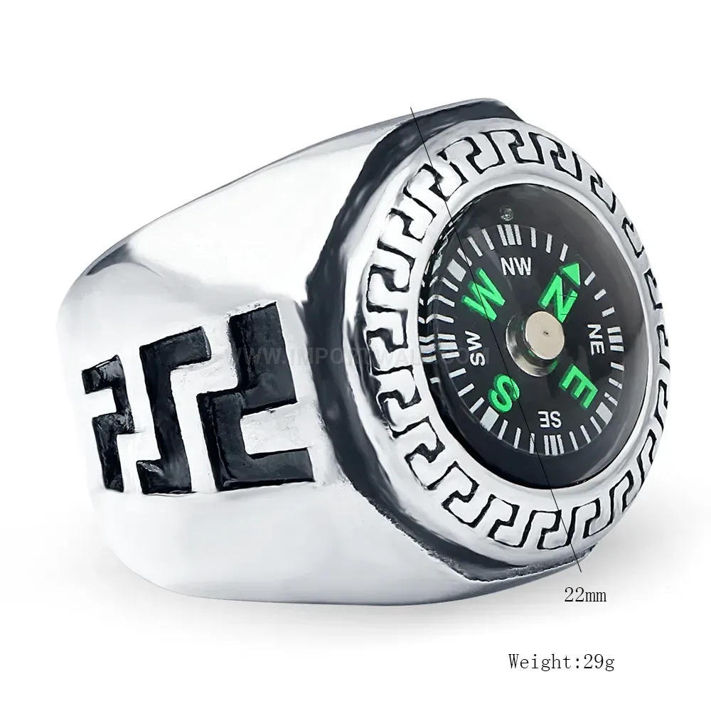 Elegant Round Compass Stainless Steel Statement Ring