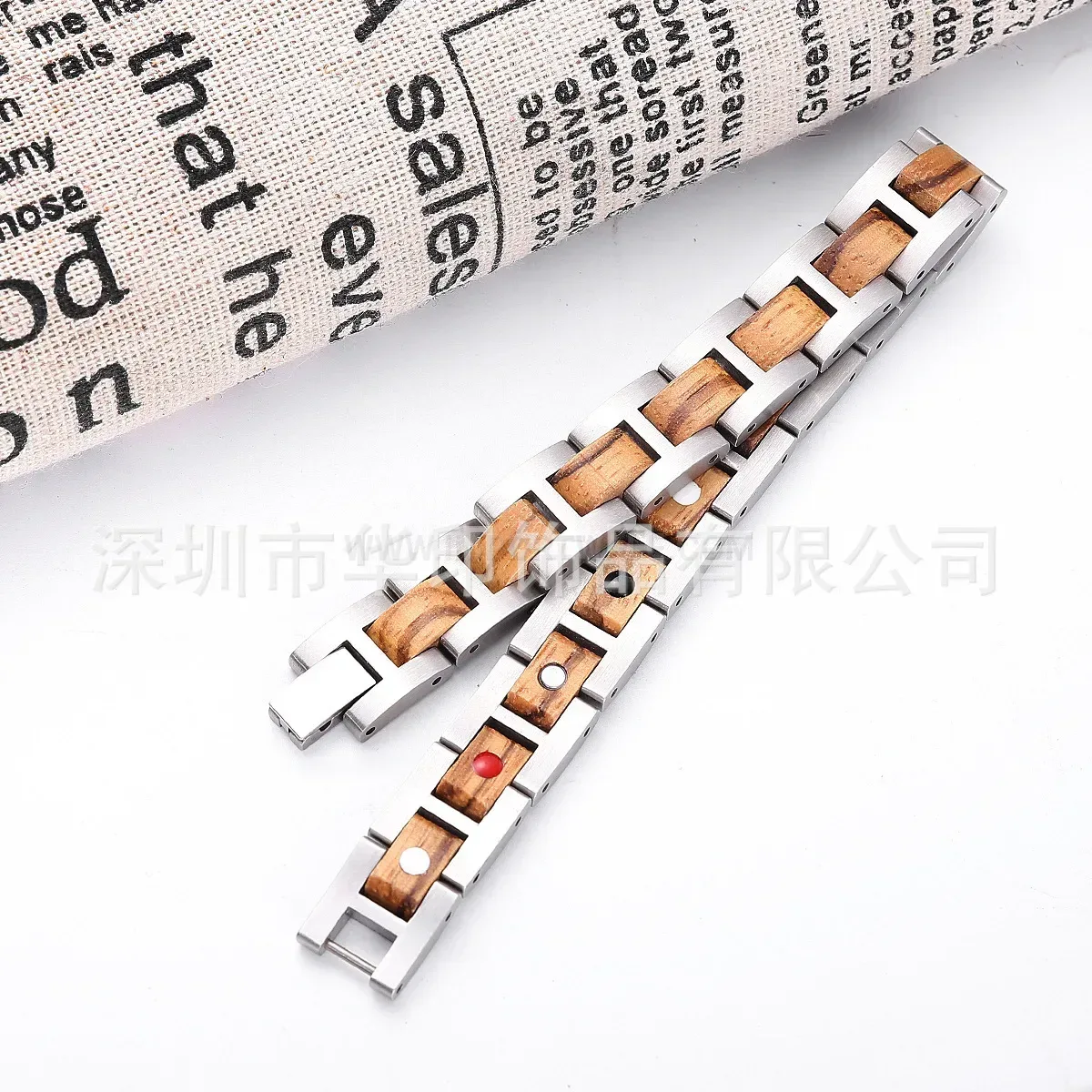 Designer Mahogany Wood Inlaid Titanium Steel Bio Magnetic Bracelet