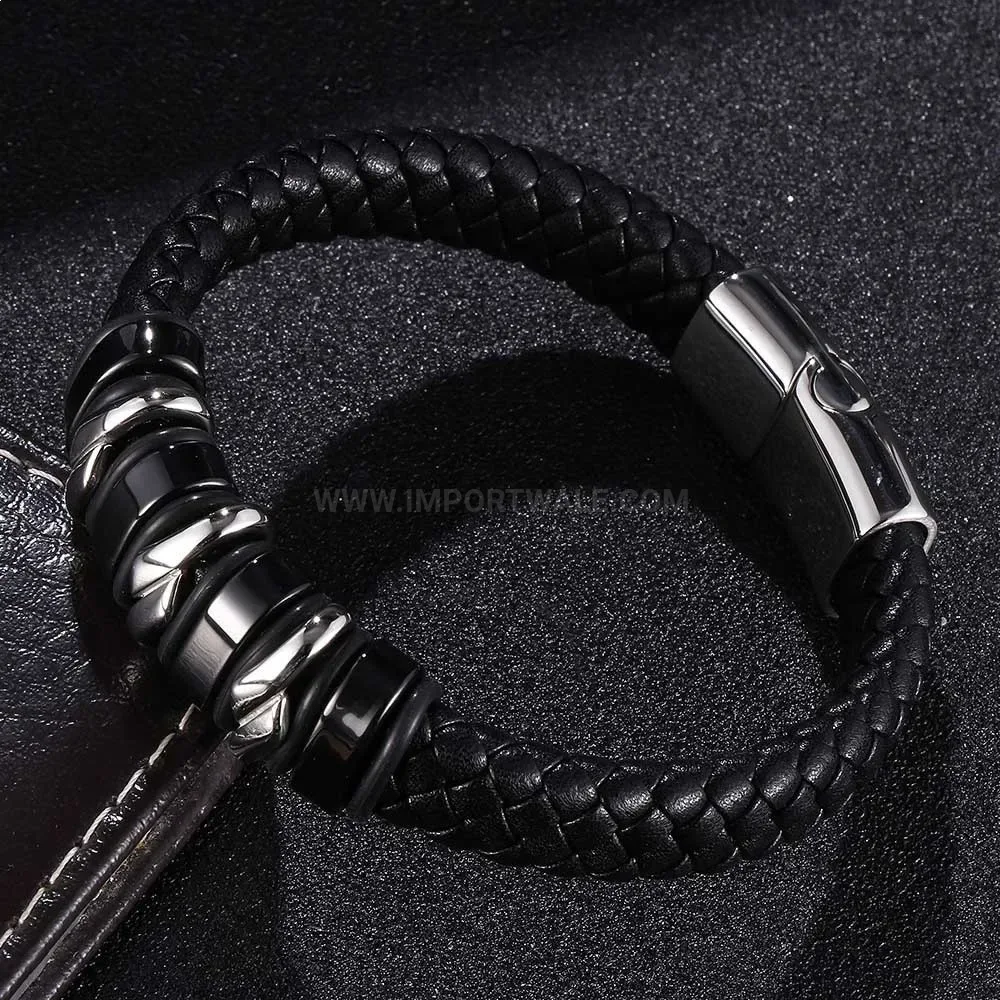 Multi-Color Braided Leather Bangle With Electroplated Stainless Steel Clasp