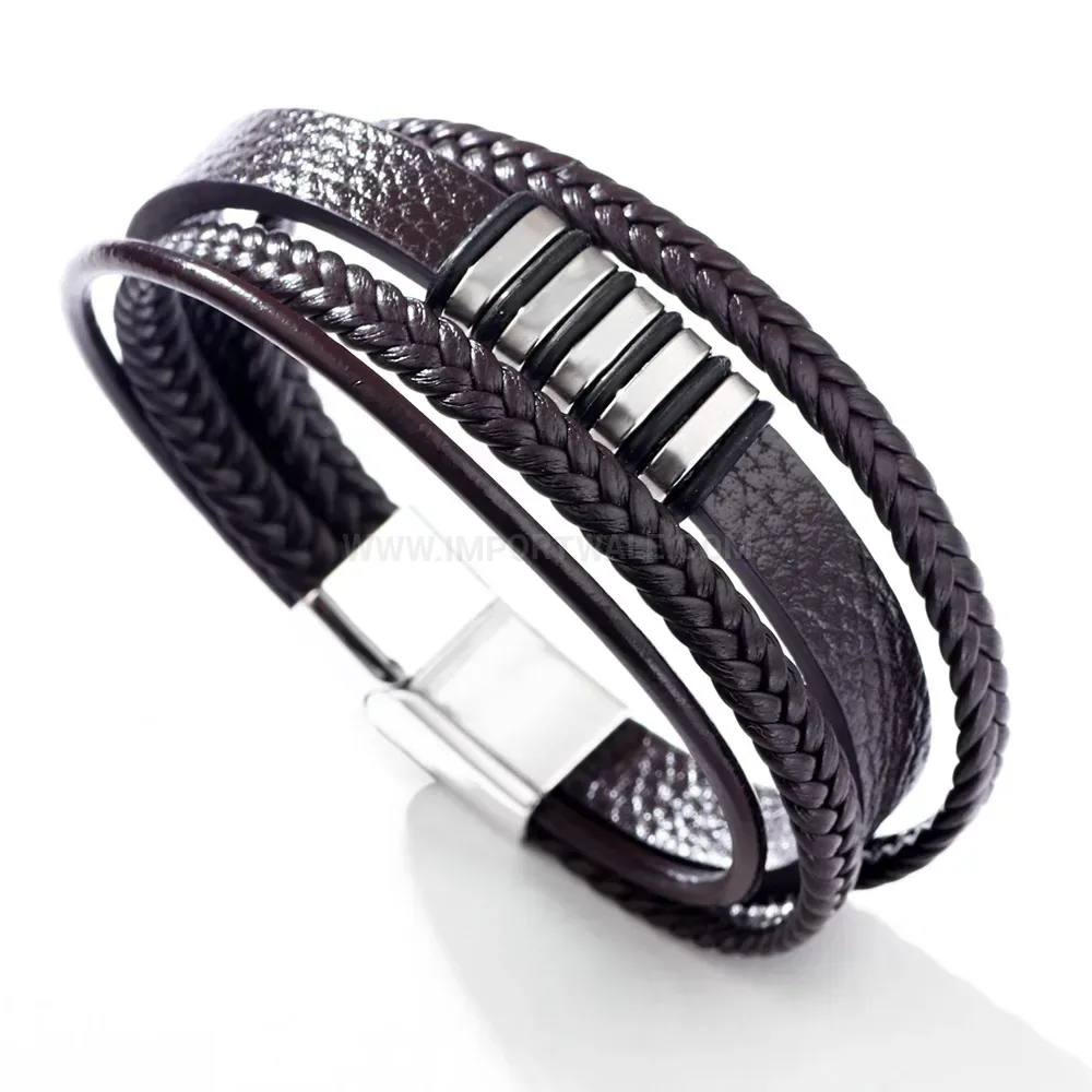 Bold Braided Leather Wristband with Alloy Magnetic Clasp