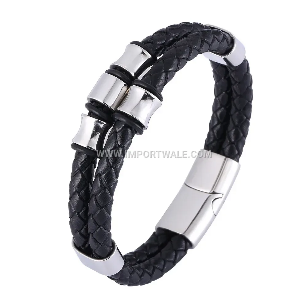Multi-Layer Woven Leather Bracelet with Stainless Steel Accents