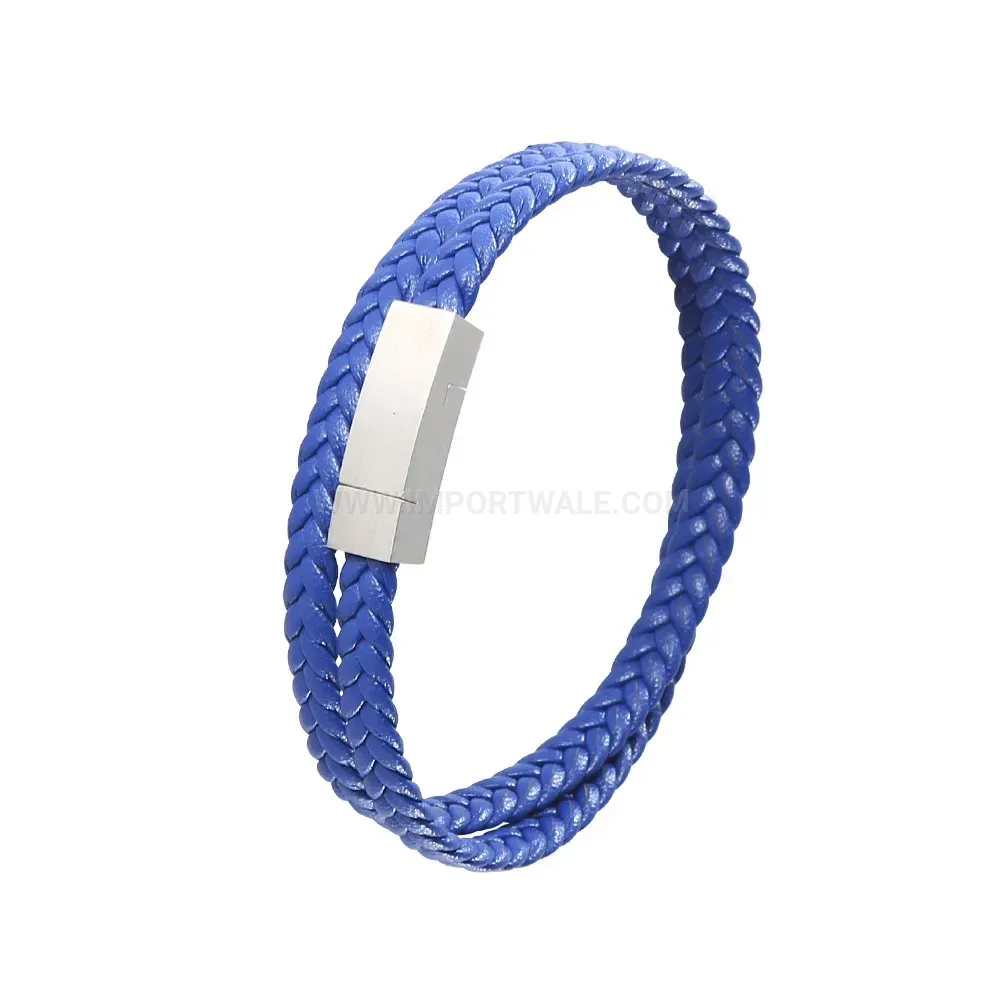 Double-Wrap Braided Leather Bracelet with Magnetic Stainless Steel Clasp