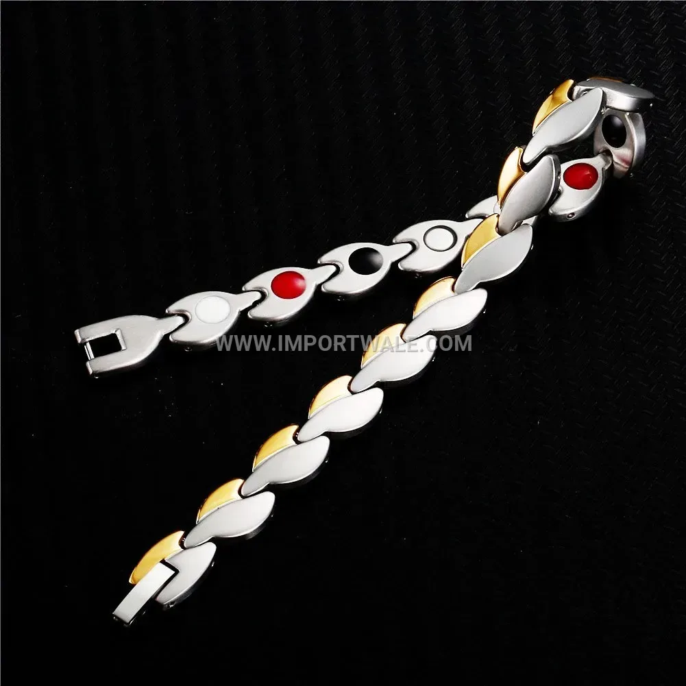 Two-Tone Stainless Steel Leaf Motif Magnetic Energy Bracelet