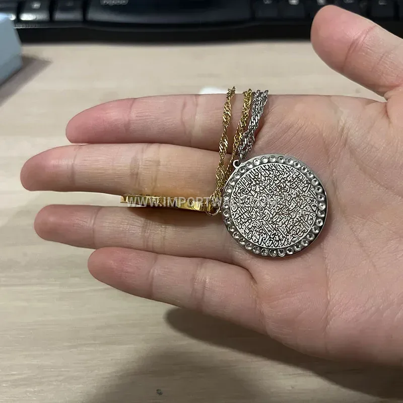 Crystal Border Arabic Calligraphy Stainless Steel Round Pendant Necklace