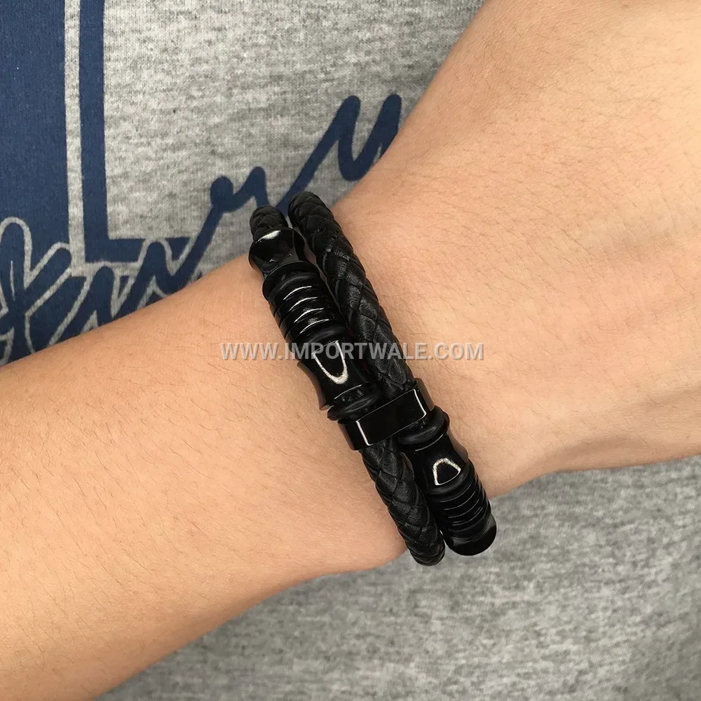 Dual-Layer Braided Leather Bracelet with Stainless Steel Elements