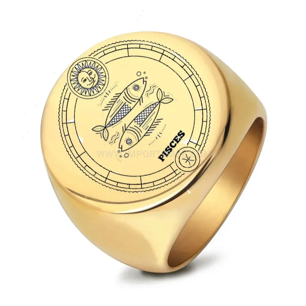 Classic Vintage Round Zodiac Stainless Steel Signet Ring