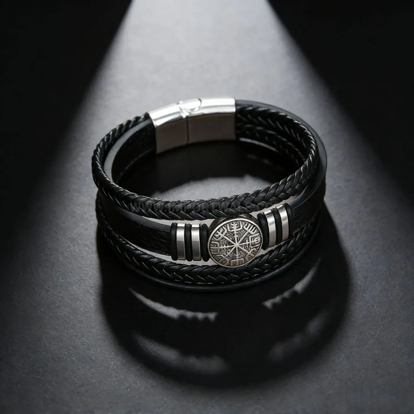 Stylish Viking Compass Alloy Charm Woven Leather Bracelet with Magnetic Clasp