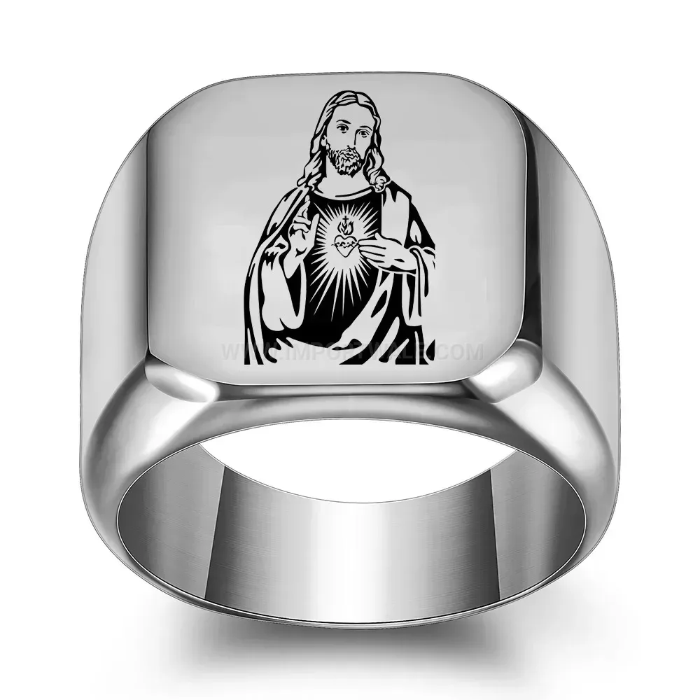 Modern Laser Engraved Guardian Angel Stainless Steel Signet Ring