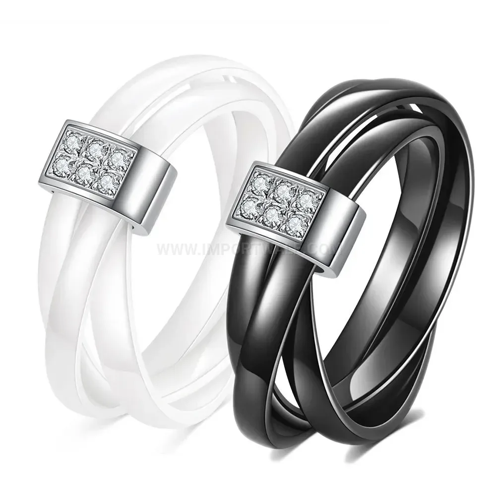 Modern Double Row Zirconia Inlaid Ceramic Interlocking Stainless Steel Band Ring