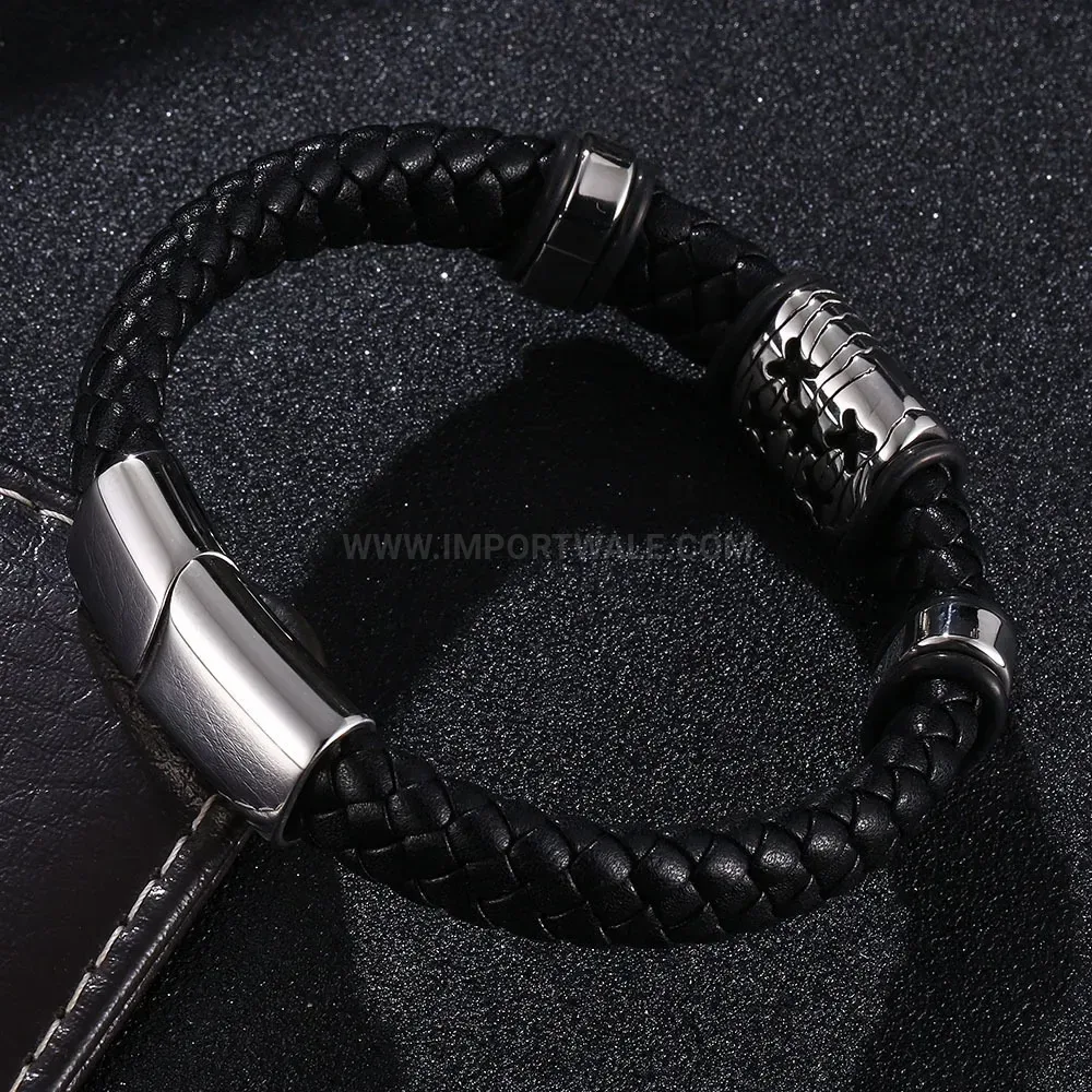 Viking Style Beaded Leather Wristband with Steel Accents