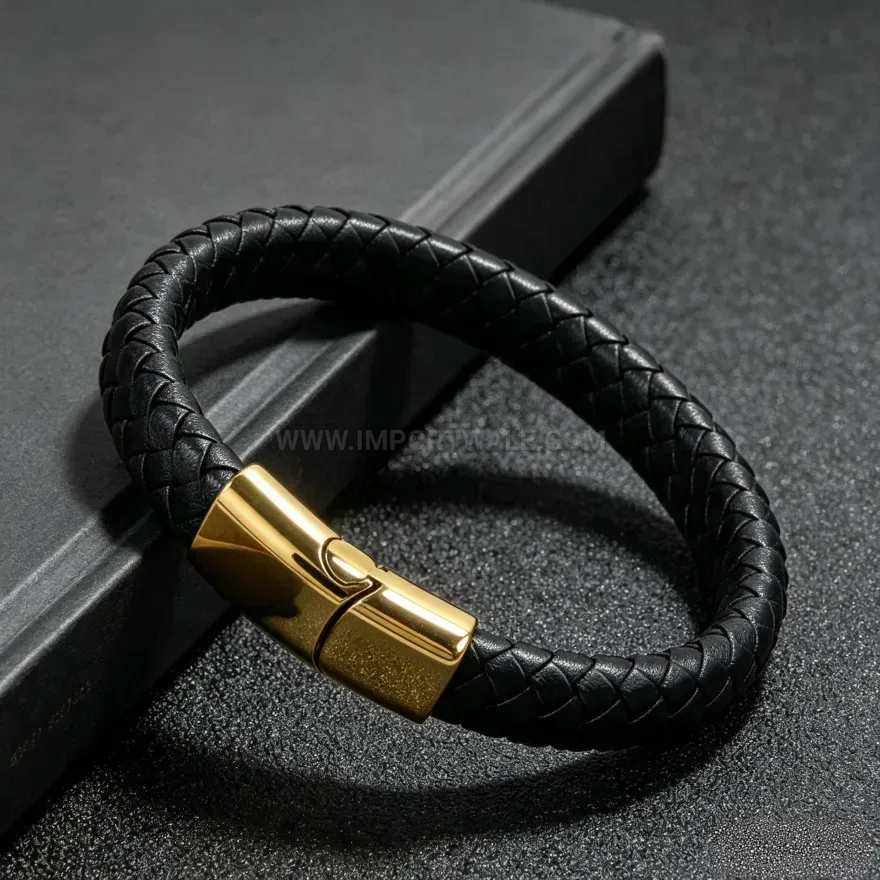 Trendy Braided Leather Stainless Steel Magnetic Clasp Wristband