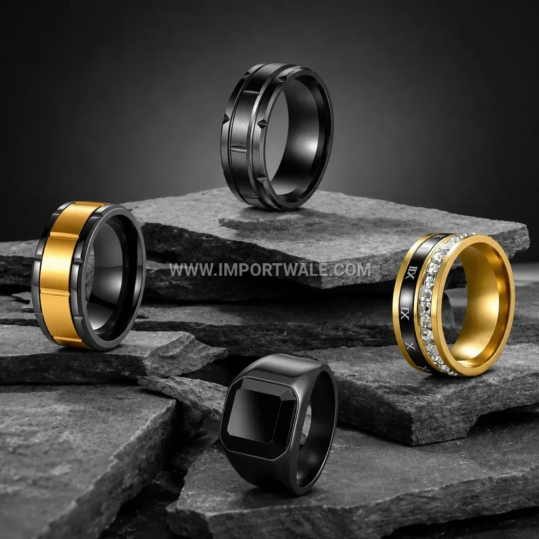 Roman Numeral Black Gemstone Stainless Steel Ring