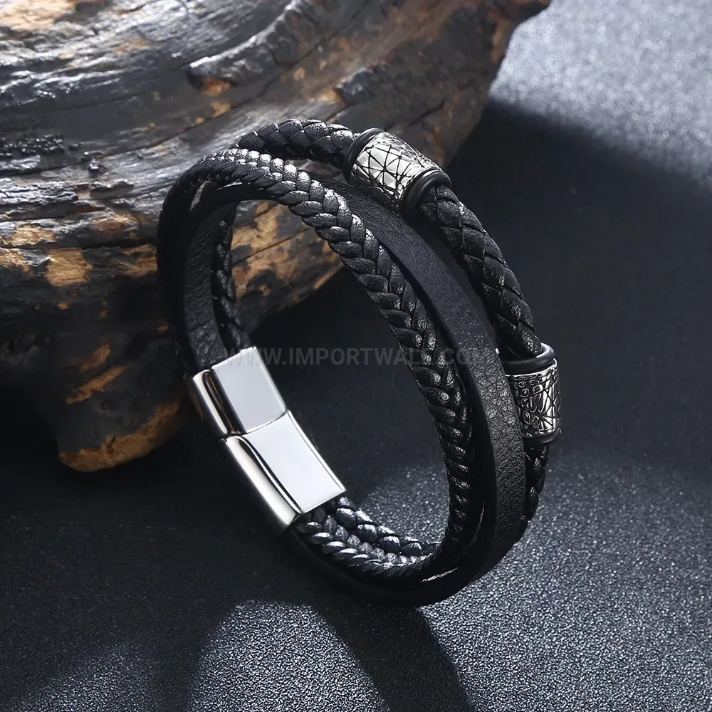 Multilayer Woven Microfiber Leather Bracelet with Stainless Steel Accents