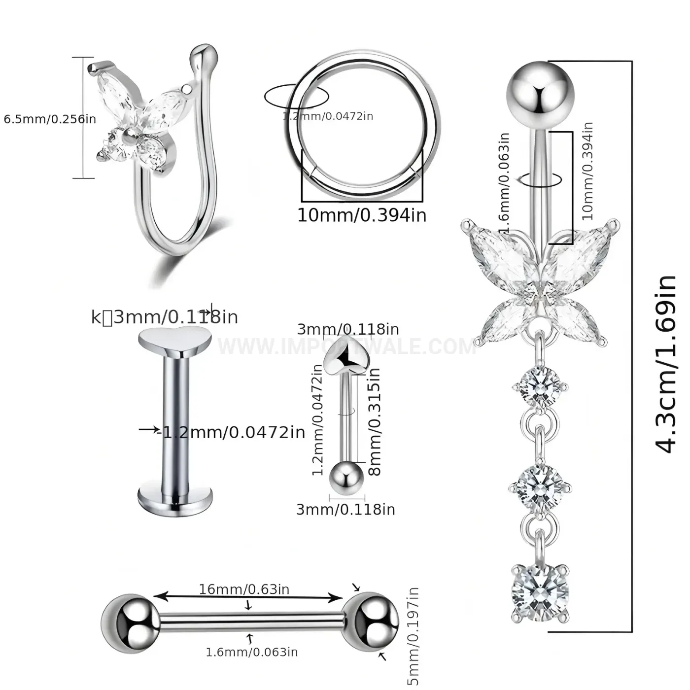 Delicate Rhinestone Butterfly Stainless Steel Multi Placement Body Piercing Set