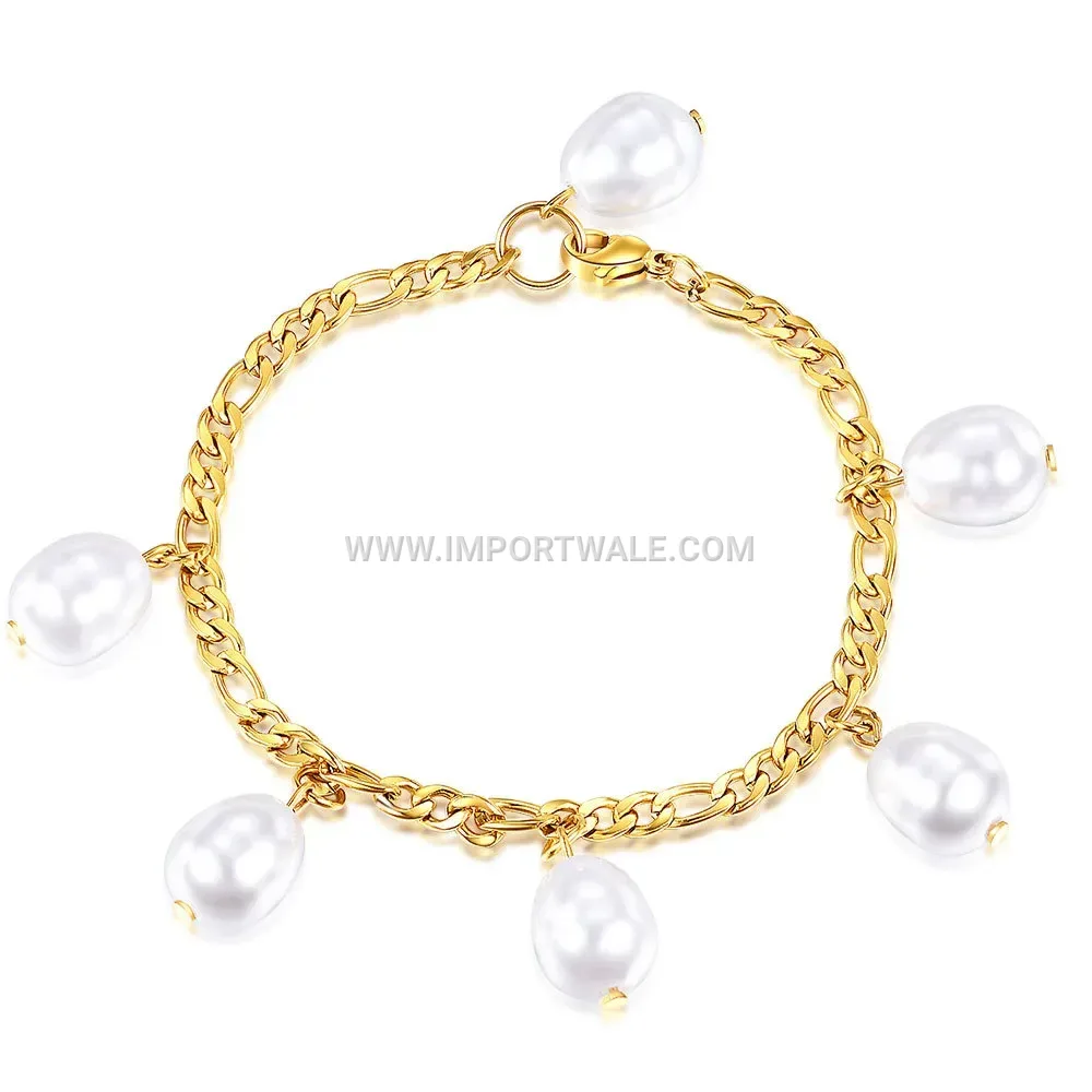 Imitation Pearl Figaro Chain Stainless Steel Bracelet