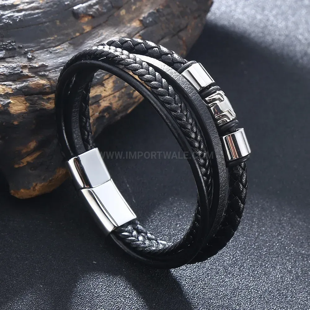 Multi-Strand Woven Black Leather Bracelet with Stainless Steel Hardware