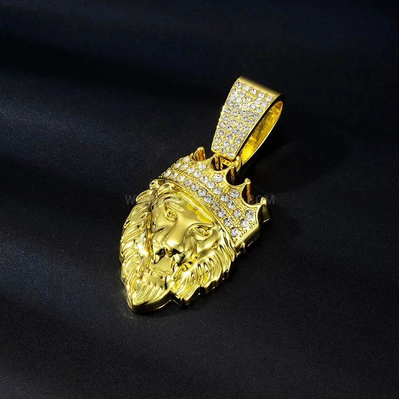 Bold Iced Out Crowned Lion Head Alloy Pendant