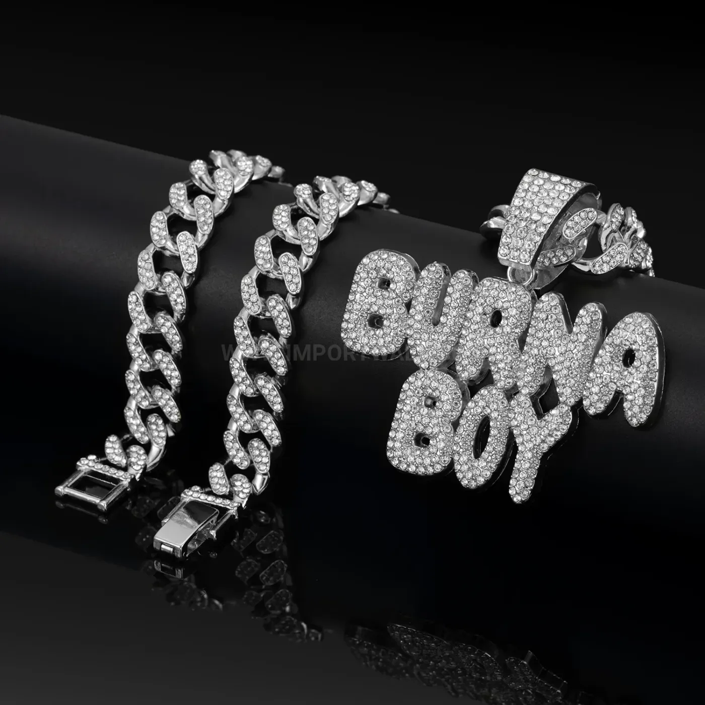 Premium Rhinestone Burna Boy Letter Pendant Cuban Necklace