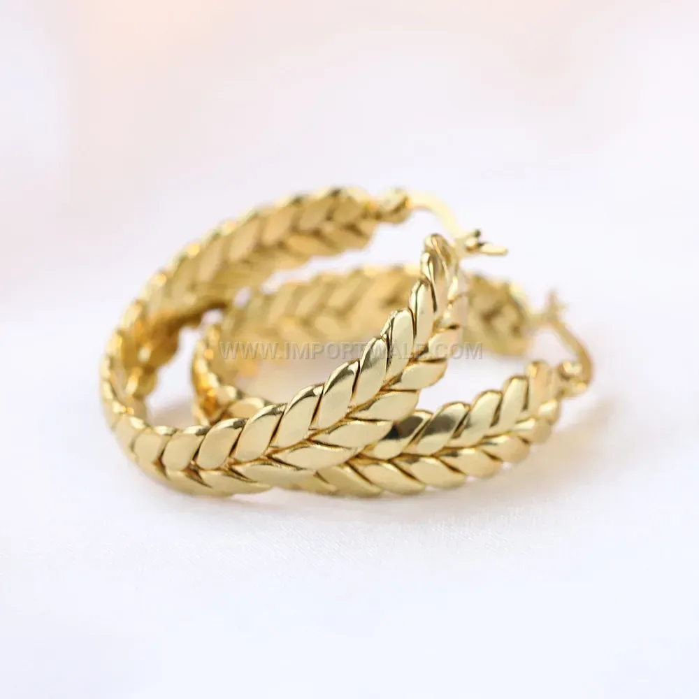 Textured Wheat Pattern Stainless Steel Hoop Earrings