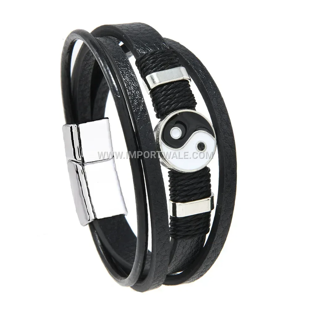 Tai Chi Enamel Leather Coded Wrap Bracelet