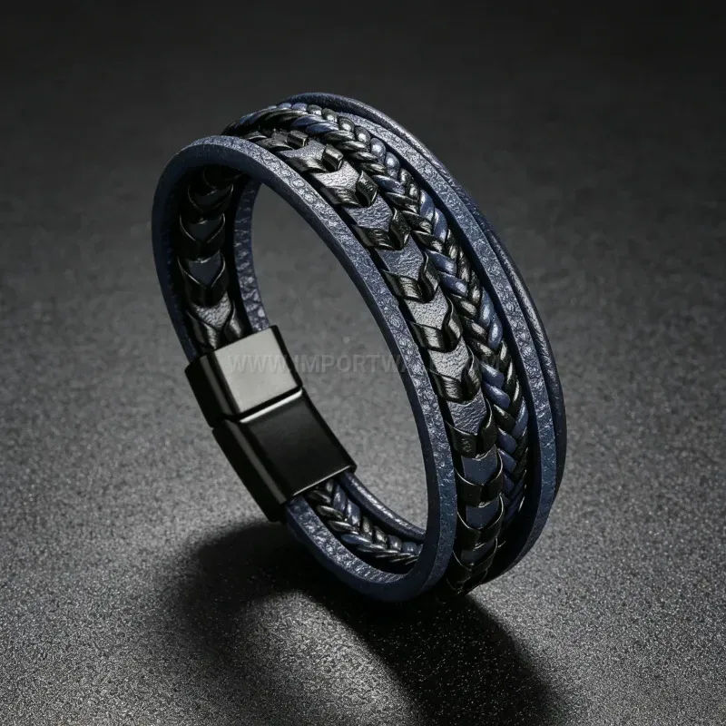 Modern Multi Strand Braided Leather Wristband with Alloy Magnetic Clasp