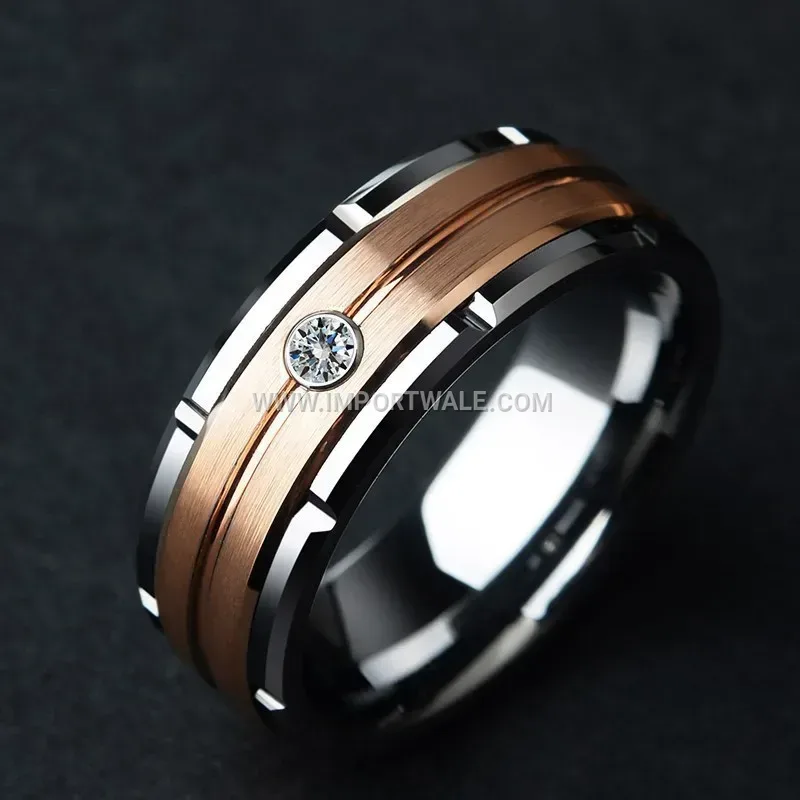 Two-Tone Stainless Steel Rhinestone Band Ring