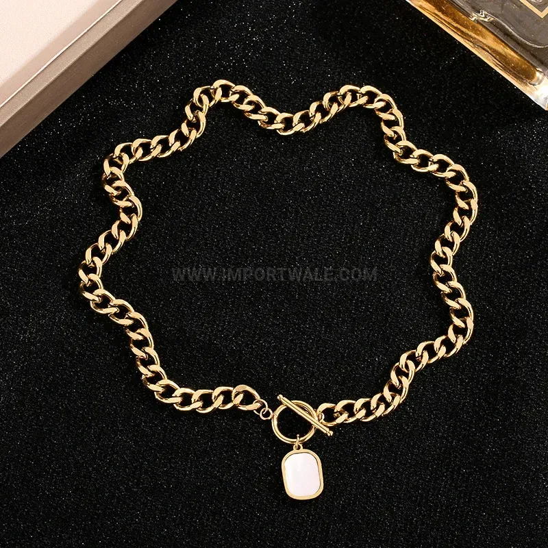 Faux Mother of Pearl Pendant Titanium Steel Mixed Chain Necklace