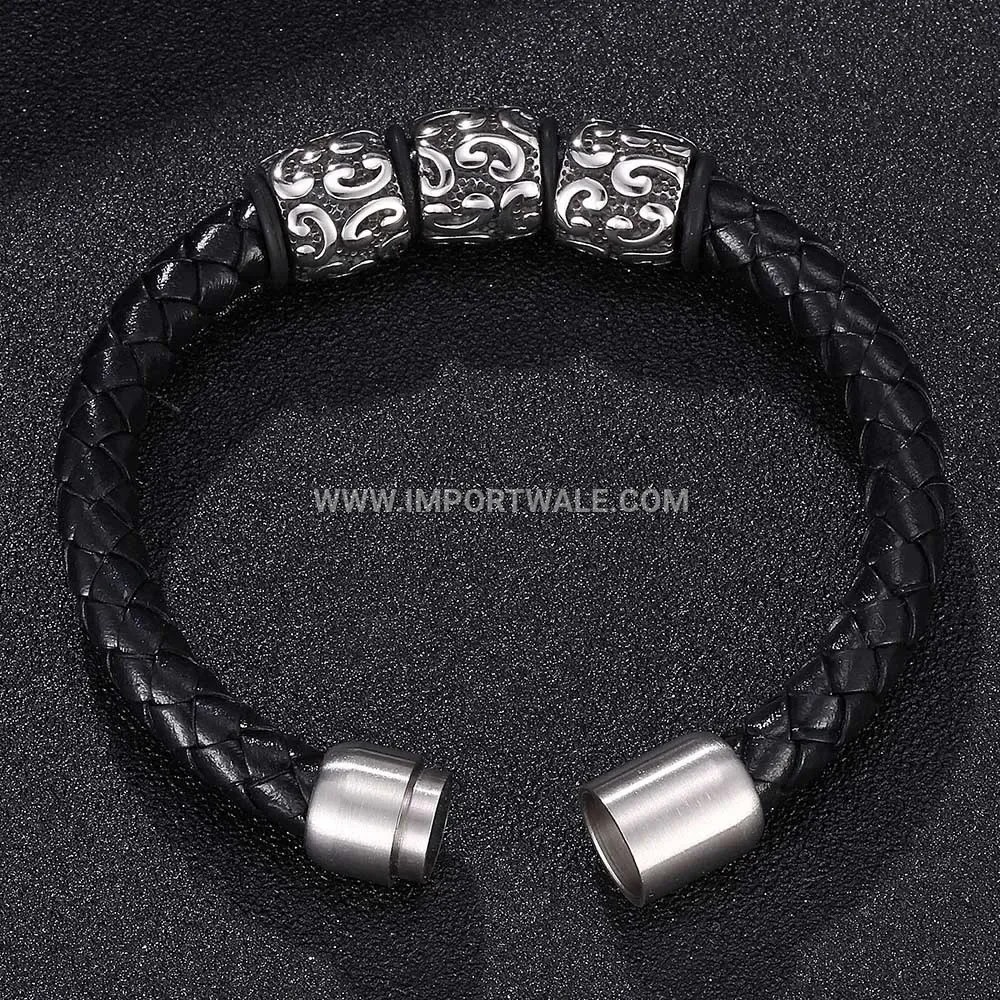 Vintage Engraved Stainless Steel Magnetic Leather Cuff Bracelet
