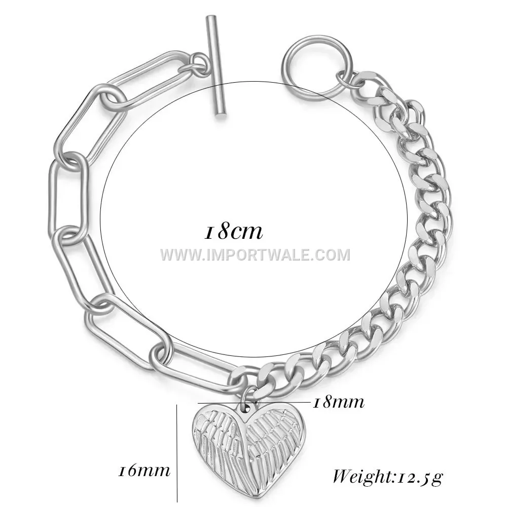 Angel Wing Heart Toggle Stainless Steel Bracelet