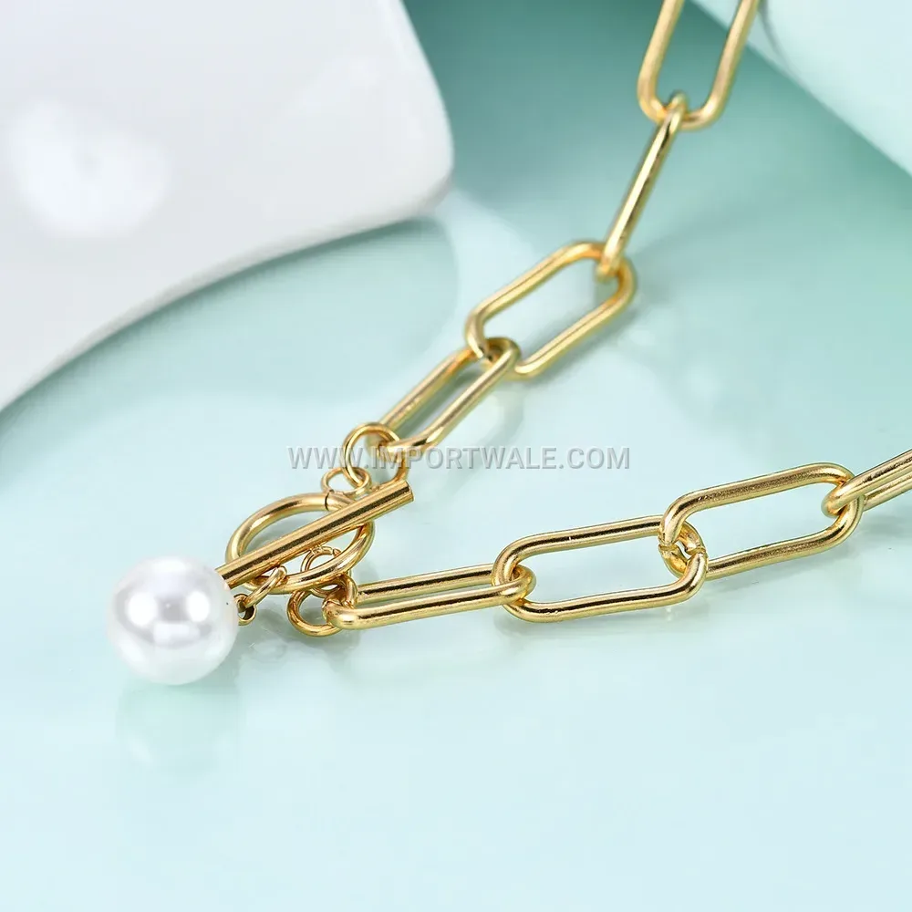 Minimalist Stainless Steel Safety Pin Necklace with Faux Pearl Pendant