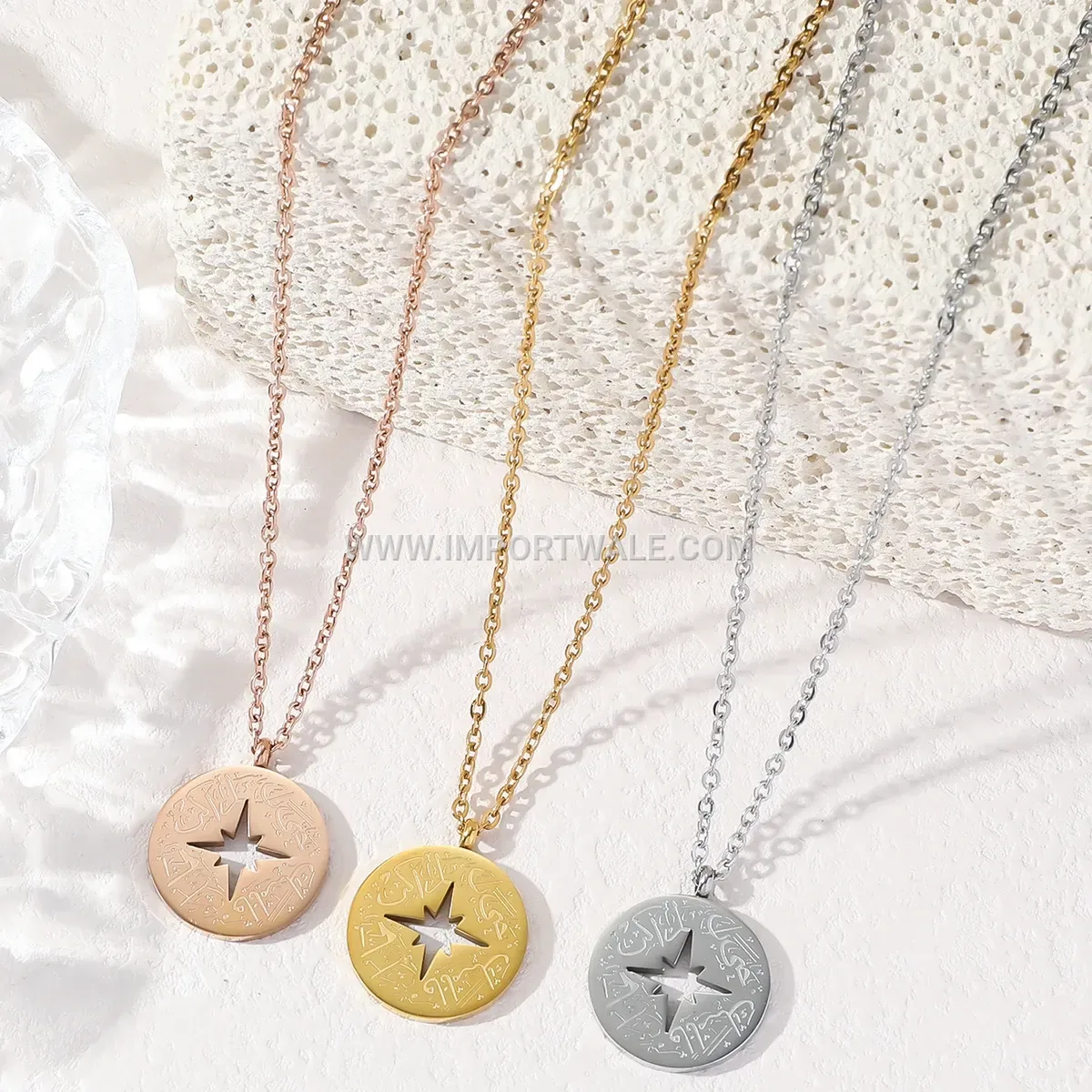 Gold Plated Stainless Steel Geometric Arabic Calligraphy Pendant Necklace