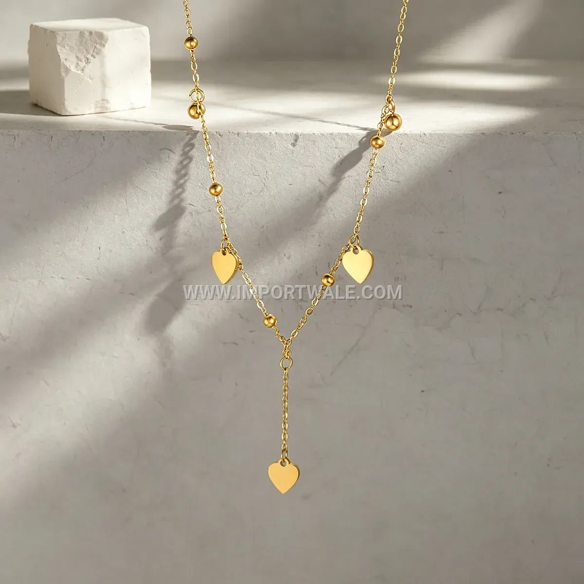 Stainless Steel Gold Tone Heart Tassel Anklet and Necklace Set