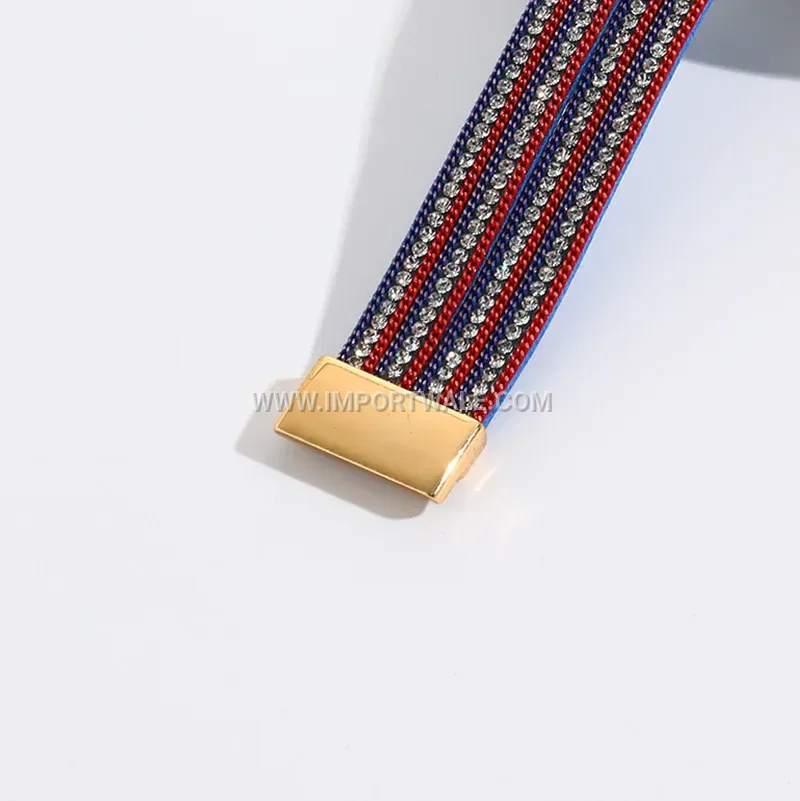 Rhinestone Layered Red White Blue Leather Magnetic Bracelet