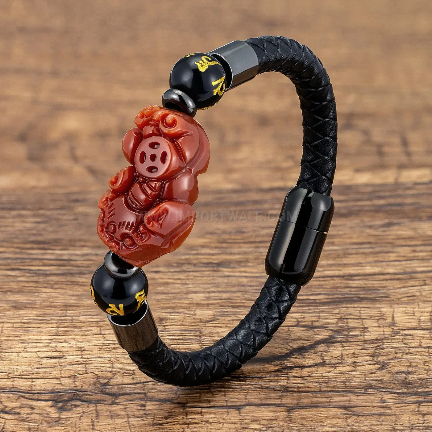 Pixiu Stone Leather Braided Magnetic Stainless Clasp Bracelet