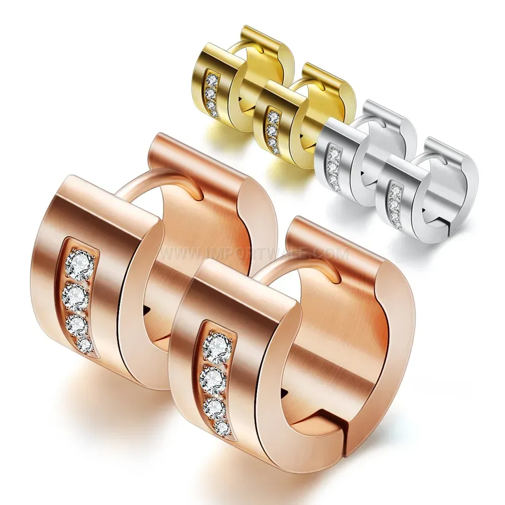 Chic Hollow Semi Circle Zircon Inlaid Stainless Steel Hoop Earrings